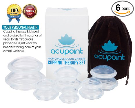 Cupping Set By Acupoint - Chinese Cupping massage Therapy Silicone Kit With 6 Units & Velvet Pouch- Relief For Sore Muscles, Trigger Points, Skin Conditions Toning & Cellulite