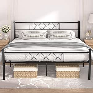 VECELO Queen Size Bed Frame with Headboard, Heavy-Duty Platform with Strong Metal Slats, No Box Spring Needed, Easy Assembly, Matte Black