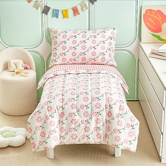 Joyreap 4 Piece Cotton Toddler Bedding Set for Girls, Pink Flowers Reversible Design, Soft Breathable Cotton Toddler Comforter Set, Includes Quilted Comforter, Fitted Sheet, Top Sheet, and Pillow Case