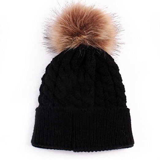 Baby Boys Girls Winter Knit Beanie Raccoon Fur Pom Bobble Hat Crochet Ski Cap