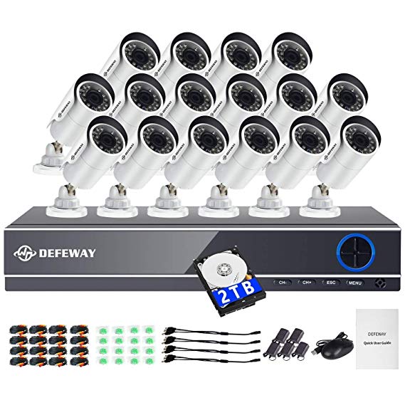 DEFEWAY 16 Channel 1080P AHD Security Camera System,16 pcs 2.0MP Waterproof Surveillance Cameras Indoor & Outdoor, Including 2TB HDD for 24/7 Recording & Remote Home Monitoring