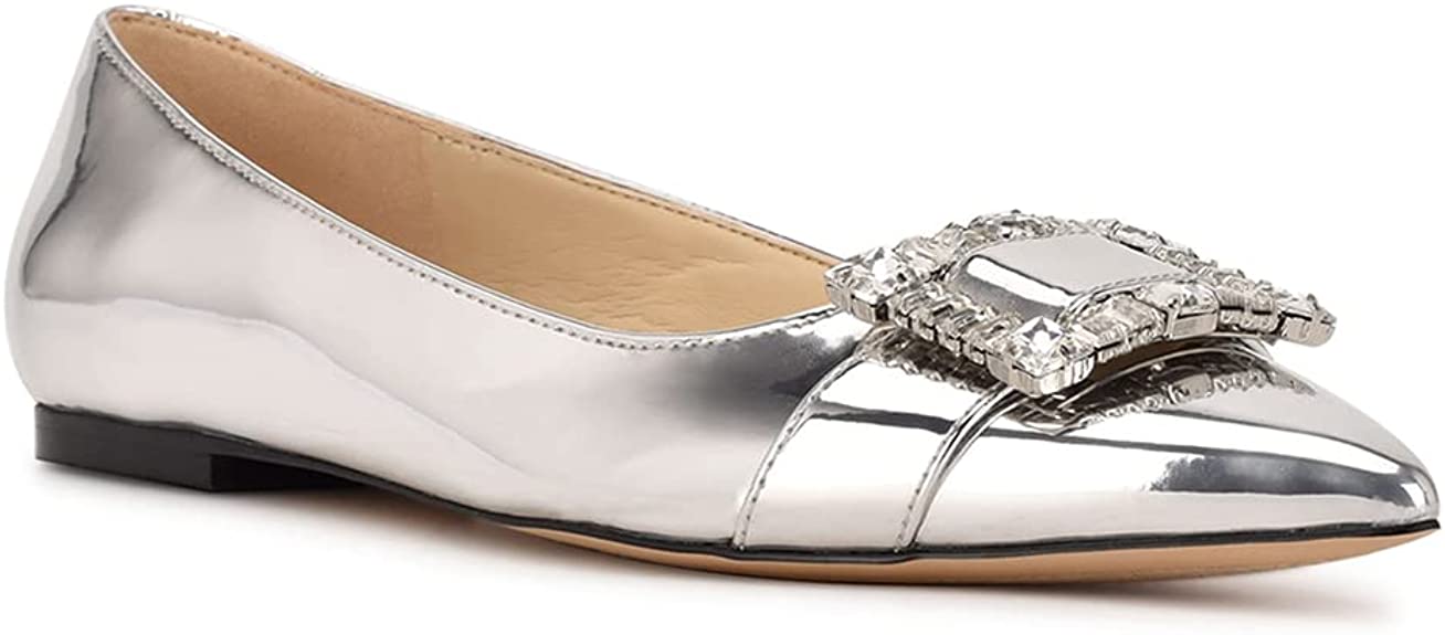 Juliet Holy Womens Flats Pointed Toe Slip on Rhinestone Buckle Wedding Office Dress Loafers