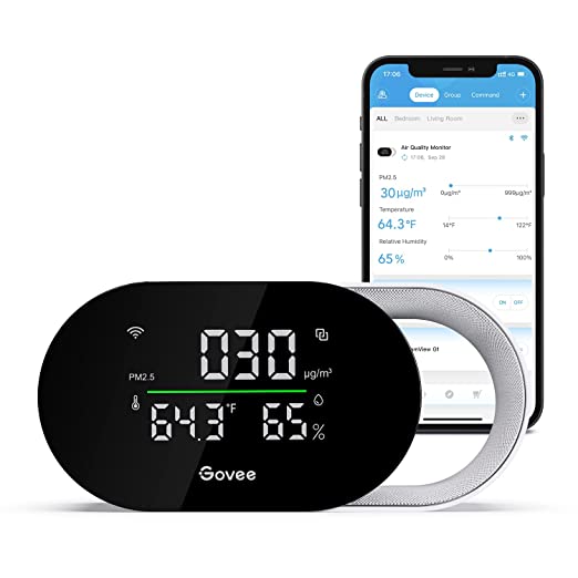 Govee Smart Air Quality Monitor, Indoor Air Quality Meter Detects PM2.5, Temperature, and Humidity, H5106 with LED Air Quality Indicator&Clock, Work with Govee Smart Appliances, Type-C Cable Required