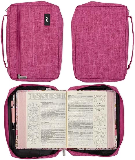 Christian Art Gifts Polyester Bible Cover for Men & Women w/Jesus Fish Patch, Secure Zipper Pocket, Pen Loops, Ribbon Bookmark Markers, Easy Carry Book Case for Stationery, Accessories, Pink, Large