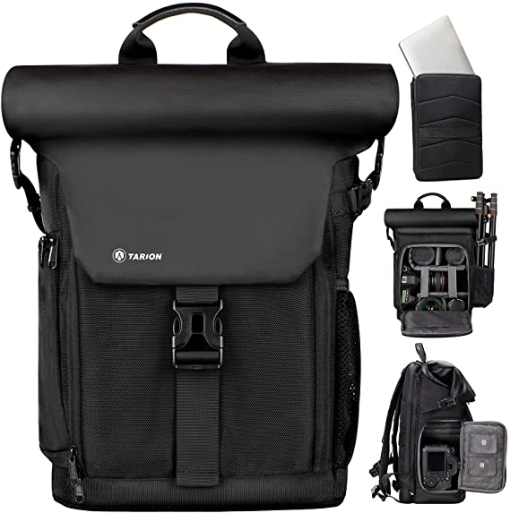 TARION Camera Backpack Canvas Camera Bag with Removable Laptop Compartment Waterproof Rain Cover Photography Backpack for DSLR SLR Mirrorless Cameras Video Camcorder Black