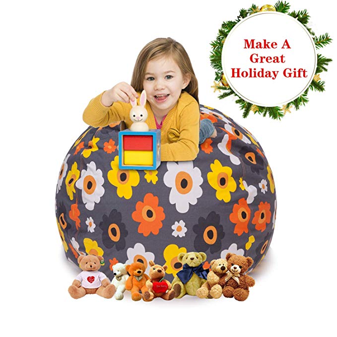 CALA Extra Large 38'' Stuffed Animals Bean Bag Chair Cover - Pouf Ottoman for Toy Storage - 100% Cotton Canvas Toy Organizer for Kids 5 Patterns (Grey Floral)