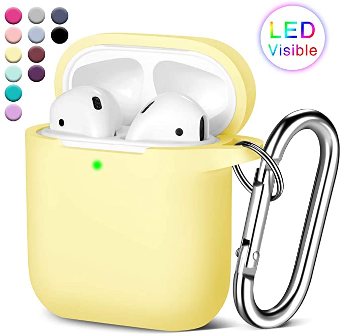 Maledan Silicone Cover Compatible with Airpods Case 2 & 1, Full Protective Skin Cover, Waterproof [Front LED Visible] Support Wireless Charging with Carabiner, MilkYellow