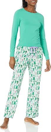 Amazon Essentials Women's Lightweight Flannel Pant and Long-Sleeve T-Shirt Sleep Set (Available in Plus Size)