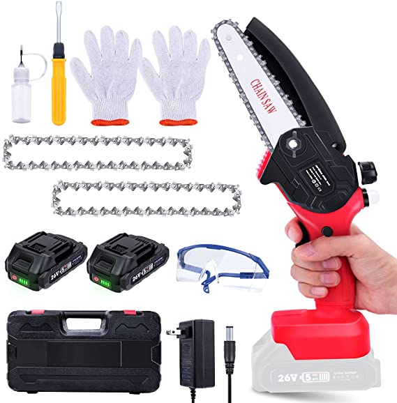 Mini Chainsaw Cordless 6-Inch Power Chainsaw with 26V 2 Batteries, etship Electric Handheld Chainsaw Battery Powered Chainsaw with 3 Replacement Chains One-Hand Operation Pruning Shears Chainsaw for Tree Branch Pruner Wood Cutting Gardening