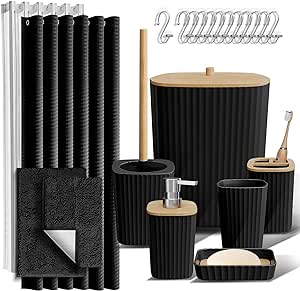 Clara Clark Bathroom Accessories Set - 22PC Bathroom Set, Bathroom Sets with Shower Curtain and Rugs, Black Shower Curtain Set with Bathroom Trash Can