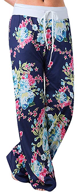 Sexymee Women's Comfy Stretch Floral Print Drawstring Long Wide Leg Lounge Pants