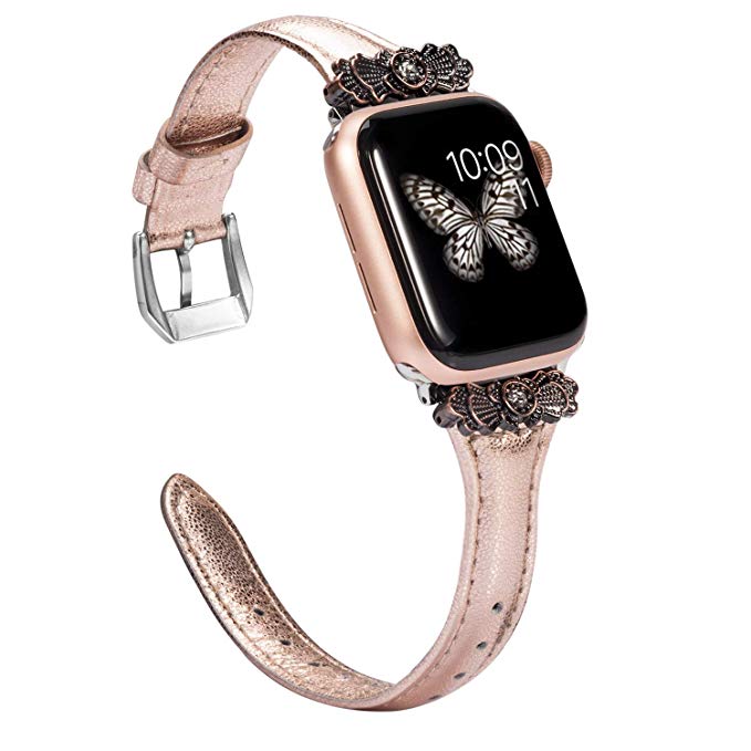 Wearlizer Rose Gold Thin Leather Compatible with Apple Watch Band 38mm 40mm for iWatch Womens Slim Metal with Unique Decoration Strap Replacement Wristband Bracelet (Silver Clasp) Series 5 4 3 2 1