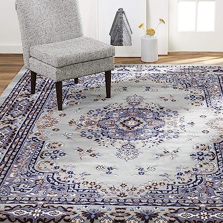 Home Dynamix Premium Sakarya Traditional Medallion Border Area Rug, Silver, 21"x35" Rectangle