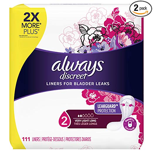 Always Discreet, Incontinence Liners for Women, Very Light, Long Length, 111 Count-Pack of 2 (222 Count Total)
