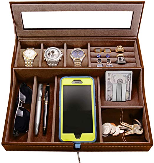 HOUNDSBAY Navigator Big Dresser Valet Tray for Men with Watch Box Jewelry Organizer & Smartphone Charging Station (Dark Brown)