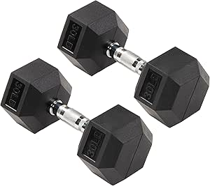 Signature Fitness Premium Rubber Encased Hex Dumbbell, Pair or Single, 10-100 Pounds