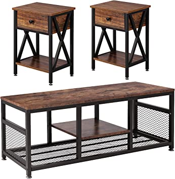 VECELO Occasional Set of 3 Includes Coffee 2 End Tables, Industrial Metal Frame, Table   Two Table, Brown