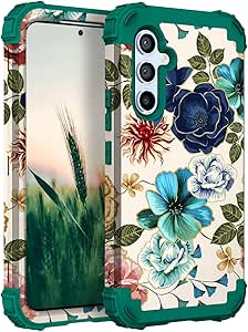 Hocase for Galaxy A54 5G Case, Heavy Duty Shockproof Protection Soft Silicone Rubber Bumper Hard Plastic Hybrid Protective Case for Samsung Galaxy A54 5G (6.4" Display) 2023 - Teal Flowers