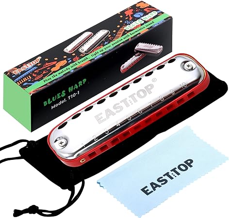 East top Junior Blues Harmonica, 10 Holes C Key Diatonic Harmonica Mouth Organ for Beginner,Kids,Children,Students,Gift,with Smoothly Rounded Edge and Fabric Cloth Pouch, Red