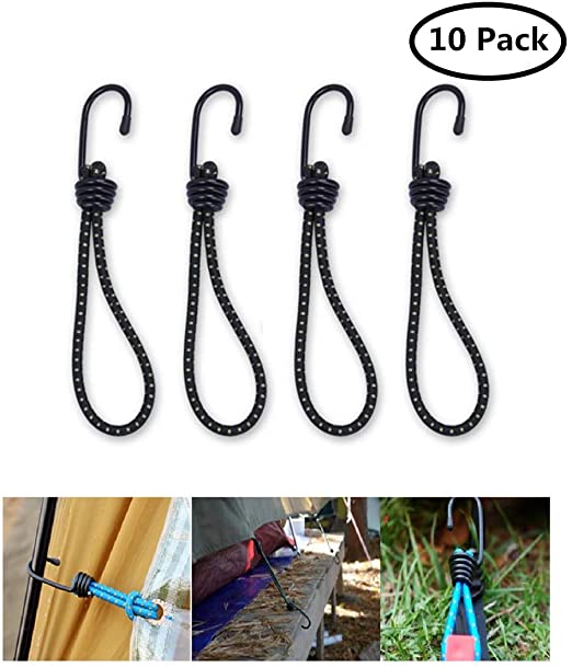 Bungee Cord with Hooks Heavy Duty Set by Garloy,10 Pcs 8 Inch Durable Rubber Canopy Ties Ideal for Tarps, Tents, Wire Racks, and Other Camping Accessories