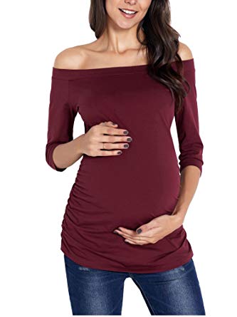 Love2Mi Womens Maternity Tunic Tops Off Shoulder 3/4 Sleeve Classic Side Ruched T-Shirt Pregnancy Clothes