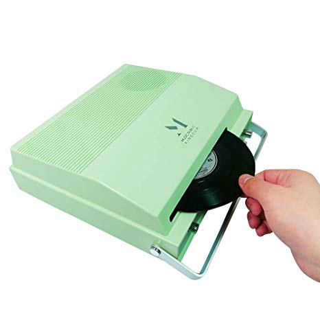 MPK Portable Slot-in Record Player for 7-inch Vinyl, Vintage 2-Speed Bluetooth Turntable with Tone Control Speaker, Rechargeable Battery Green