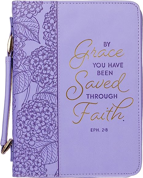 Christian Art Gifts Faux Leather Fashion Bible Cover for Women: by Grace You Have Been Saved - Ephesians 2:8 Inspirational Bible Verse, Hydrangea Lavender-Purple, Large