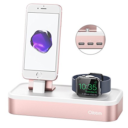 Apple Watch Stand, Oittm [5 in 1 New Version] Multifunction Charging Stand, 5-port USB Charger Dock Station for iWatch/iPhone 8/8 Plus/7 Plus/7/iPad Mini/iPod/Apple Pencil/Siri Remote (Rose Gold)