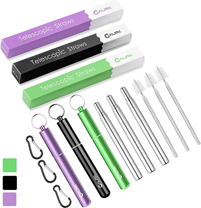 ALINK 3 Pack Portable Reusable Collapsible Drinking Straws - Telescopic Stainless Steel Foldable Metal Straw with Aluminum Case & Cleaning Brush Purple/Black/Green