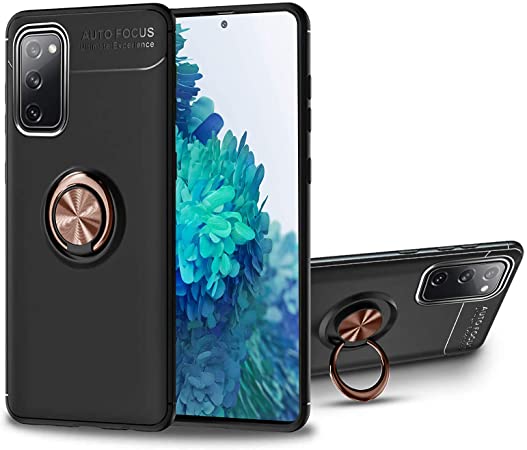 Newseego Compatible with Samsung Galaxy S20 FE 5G Case, S20 FE/lite 2020 Case Invisible 360 Degree Rotating Metal Ring Holder Kickstand Support Shockproof Soft Cover-Black Rose Gold