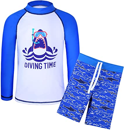 TFJH E Kids Boys UPF 50  UV Swimwear Sun Protective Long Sleeve Two Piece Swimsuit