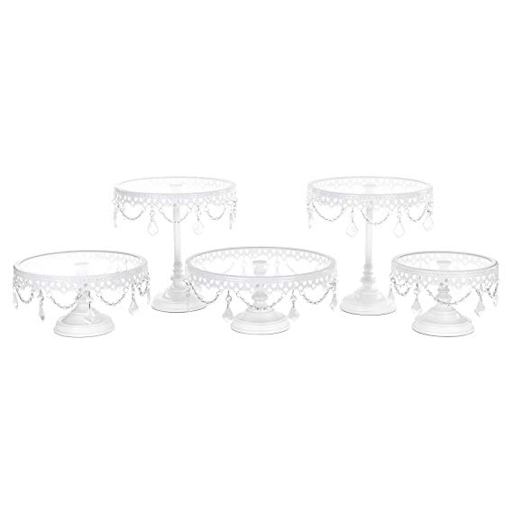 Victoria White Cake Stand Set of 5, Round Glass Plate Metal Dessert Cupcake Pedestal Wedding Party Display with Crystals