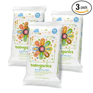 Babyganics Flushable Baby Wipes, Fragrance Free, 60 Count - Packaging May Vary (Pack of 3, 180 Total Wipes)