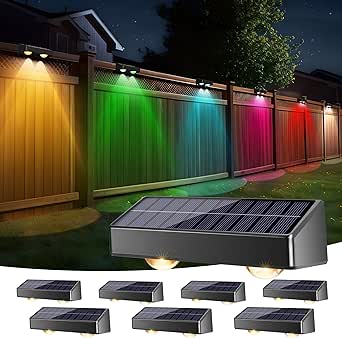 Brizled Solar Fence Lights Outdoor 8 Pack, Warm White & Cool White & RGB Solar Wall Lights, 100 Lumens 11 Modes Solar Deck Lights IP65 Waterproof Fence Solar Lighting for Railing, Wall, Deck, Fence