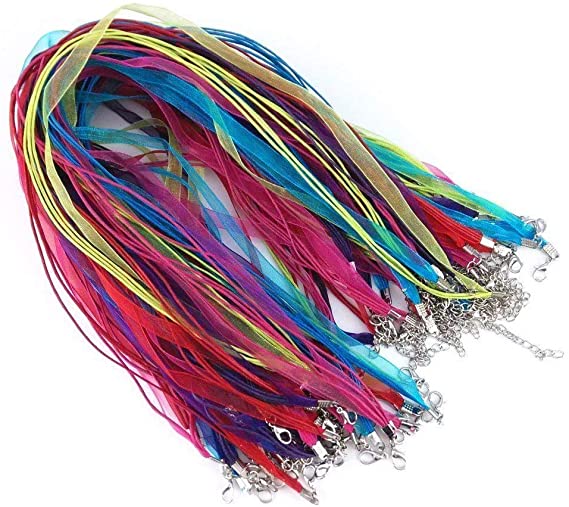 Dealglad 100pcs Colorful Voile Organza Ribbon Waxed Cord String Necklace Strap with Lobster Clasp Extension Chain for DIY Jewelry Making