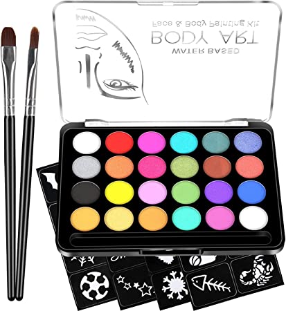 RIOGOO Face Paint Kit for Kids - 24 Large Water Based Paints, 32 Stencils, 2 Brushes, Non-Toxic & Hypoallergenic Safe, Face Painting Ideal for Halloween Party (24 color)