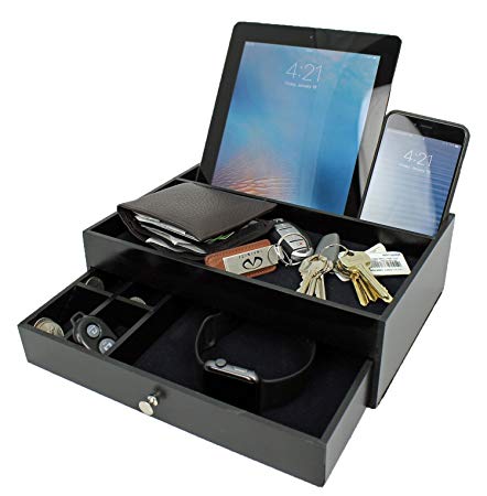 Ideas In Life Valet Drawer Charging Station – Black Nightstand Organizer Wallet and Key Tray Holds Watches, Jewelry, Tablet - 5 Compartment Cell Phone Holder for Men and Women