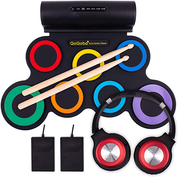 QoQoba Electronic Drum Set for Kids | Adult Beginner Pro MIDI Drum Practice Pad Kit Incl. Foldable Headphone | Drum Sticks | Great Holiday Birthday Gift for Kids Drum Set (RAINBOW)