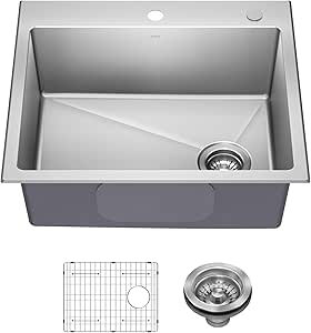 KRAUS Fairlane 25-inch Drop In/Top Mount Single Bowl 18-Gauge Stainless Steel Kitchen Sink, KHT641-25