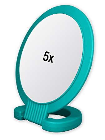 Double Sided Pedestal Mirror Stand - Vanity Round Mirror with 1x and 5x Magnification - Adjustable Handle and Portable Free-Standing Mirror for Travel, Shaving, Bathrrom, Tabletop, Makeup (Turquoise)