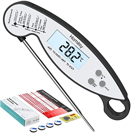 Homasy CP192B, IP67 Waterproof Digital Cooking Thermometer, 2s Instant Read with Backlight Display for Meat Candy Turkey BBQ Water, Stainless Steel, Black