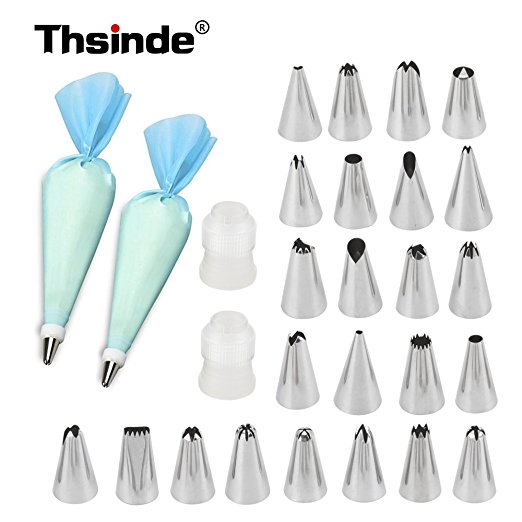 28-Pieces Cake Decorating Supplies,Thsinde Cake Decoration Tips with FREE x2 Reusable Silicone Icing Bag-x2 Coupler-28 Piece Baking Tools Supply