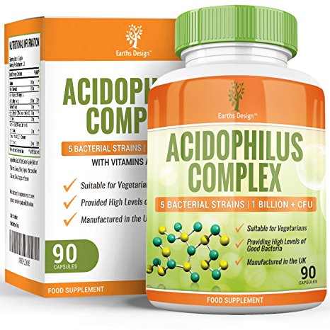 Acidophilus Complex - 5 Bacterial Strains including Lactobacillus Acidophilus & Bifidobacterium Bifidum, 10 Billion CFU, High Strength Probiotic, Suitable for Vegetarians - 90 Capsules (3 Months Supply) by Earths Design