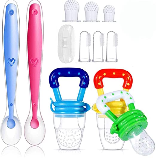 Beautychen 12 Pack Baby Food Feeder Silicone Set, Including 3 Fresh Fruit Feeder Pacifier, 3 Silicone Food Pouches, 2 Baby Feeding Spoons, 3 Baby Finger Toothbrushes with 1Toothbrush Box