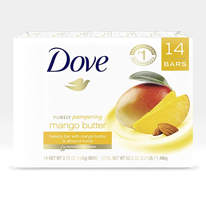 Dove Bar Purely Pampering Beauty Bar Bath Soap To Moisturize Dry Skin With Mango Butter More Moisturizing Than Bar Soap, (14 Count of 3.75 oz Bars) 52.5 oz