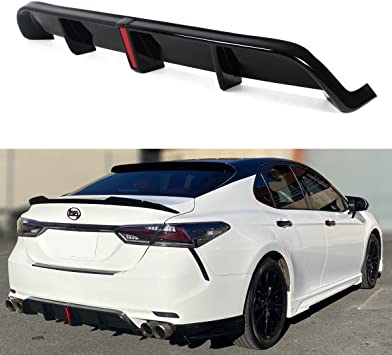 Cuztomtuning V2 Painted Gloss Black Shark Fin Rear Diffuser with Red Reflector Compatible for 2018-2023 Toyota Camry SE/XSE