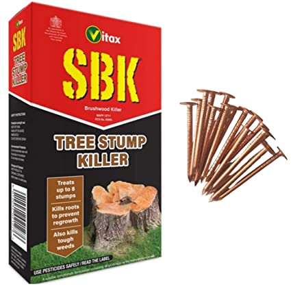 SBK Tree Stump Killer Tough Weed Weedkiller 250ml Concentrate Glyphosate-free | 20 Pieces Copper Clout Roofing Nails 50mm | Tips Sheet | Bundle for Killing Tree Root Weeds Stump Removal