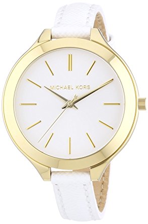 Michael Kors Watches Slim Leather Runway Watch (White/Gold)