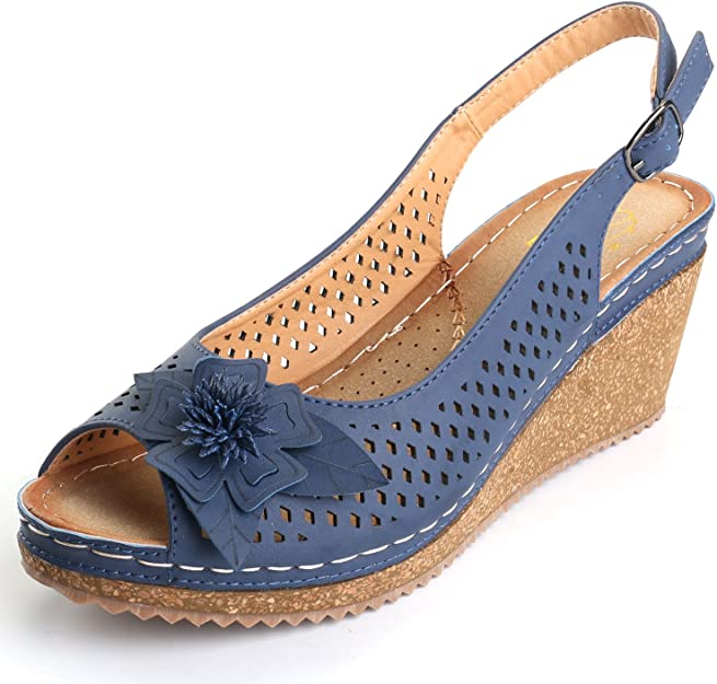 Alexis Leroy Women's Peep Toe Hollow Out Slingback Platform Wedge Sandals