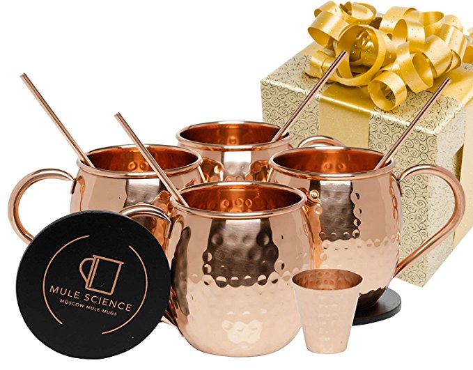 Mule Science Moscow Mule Copper Mugs - Set of 4-100% HANDCRAFTED - Pure Solid Copper Mugs 16 oz Gift Set with BONUS: Highest Quality Cocktail Copper Straws, Coasters and Shot Glass!